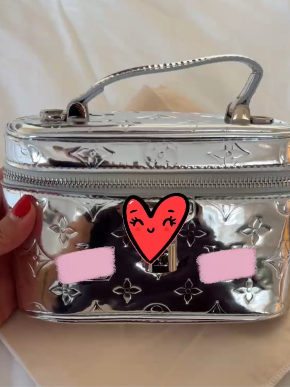 Metallic Embossed Top-Handle Vanity Bag in Silver